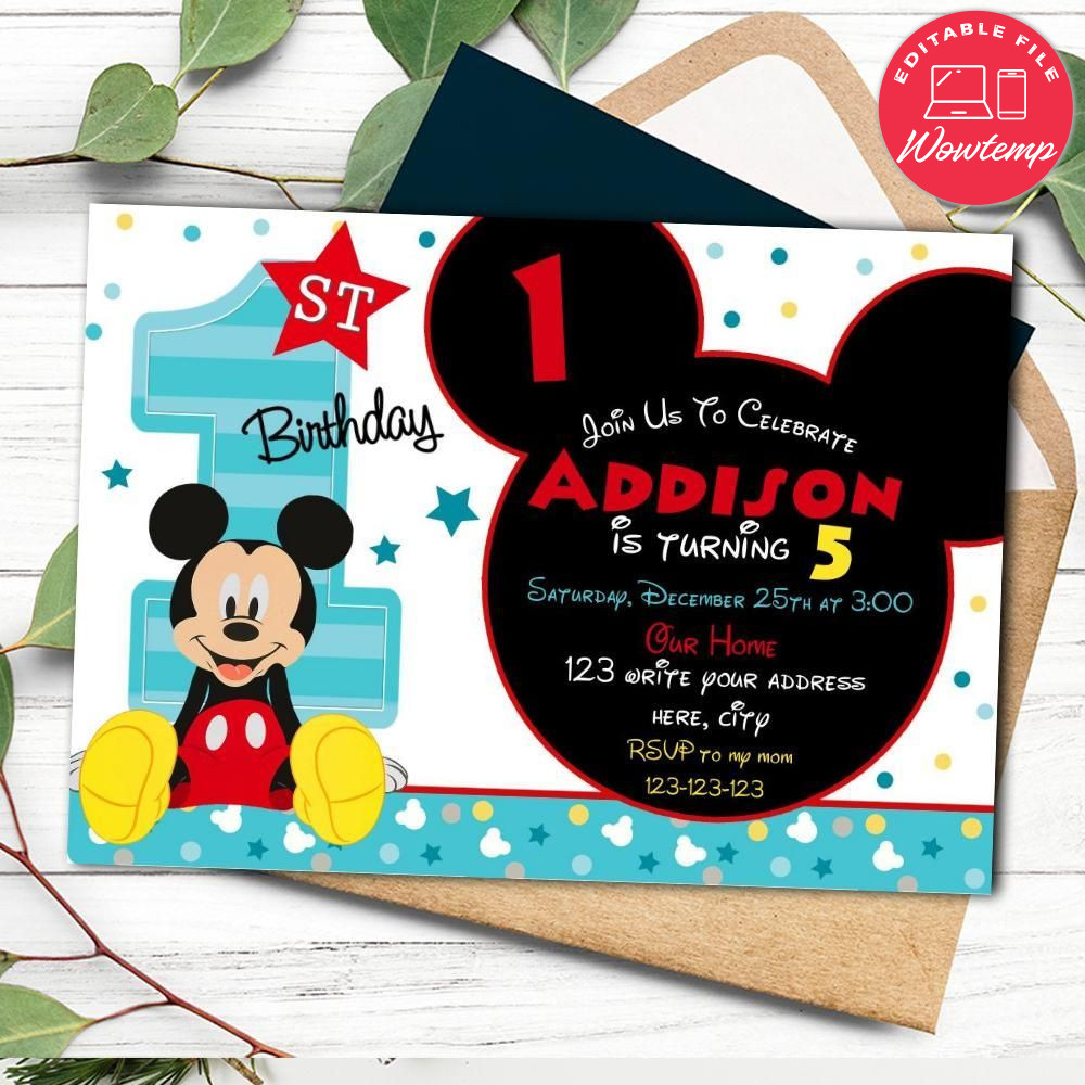 Disney Mickey Mouse First Birthday Flyer Template to Print at Home Instant Download
