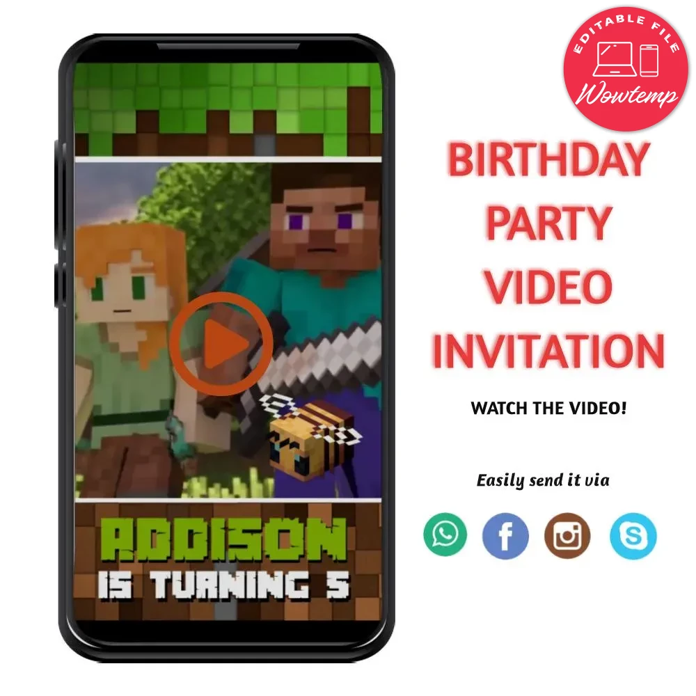 Digital Minecraft Customizable Mp4 Video Invitation | Wowtemp