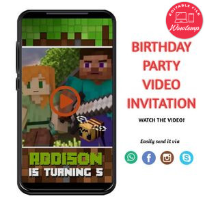 Digital Minecraft Customizable Mp4 Video Invitation File Template Instant Download