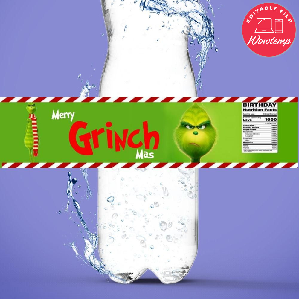 Grinch Water Bottle Label Template DIY | Wowtemp