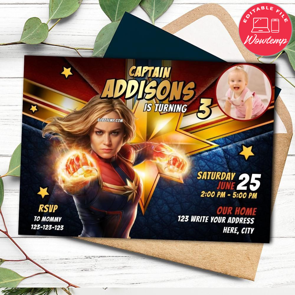 Editable Captain Marvel Birthday Flyer With Photo Instant Download