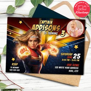 Editable Captain Marvel Birthday Flyer With Photo Instant Download