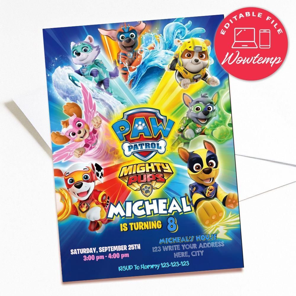 Printed - Editable Superhero Paw Patrol Birthday Invitations and Free Thank You Card (envelopes included)