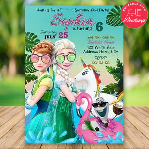 Editable Frozen Summer Pool Party Invitation Instant Download