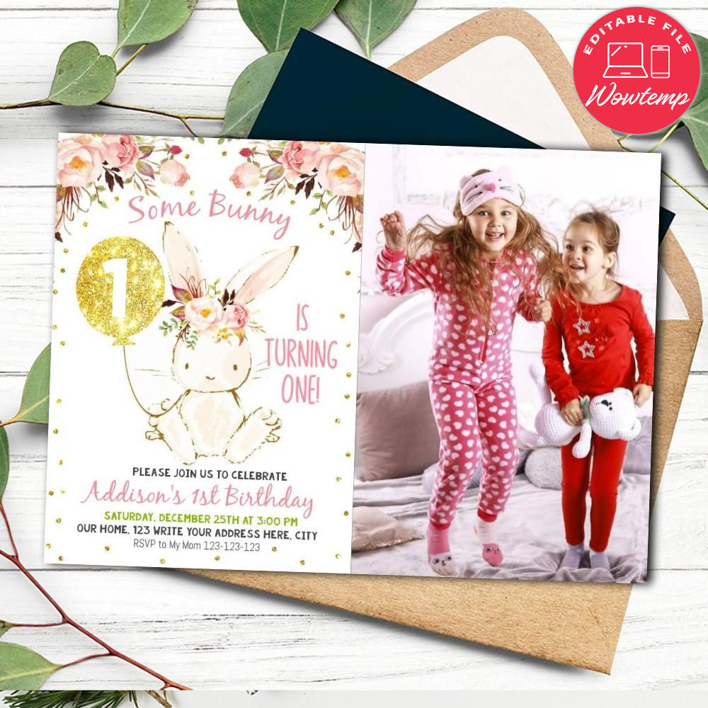 Some Bunny Birthday Invitation with photo Template DIY | Wowtemp