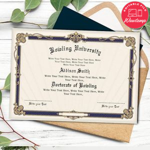 Bowling graduation Certificate Template to Print at Home Instant Download
