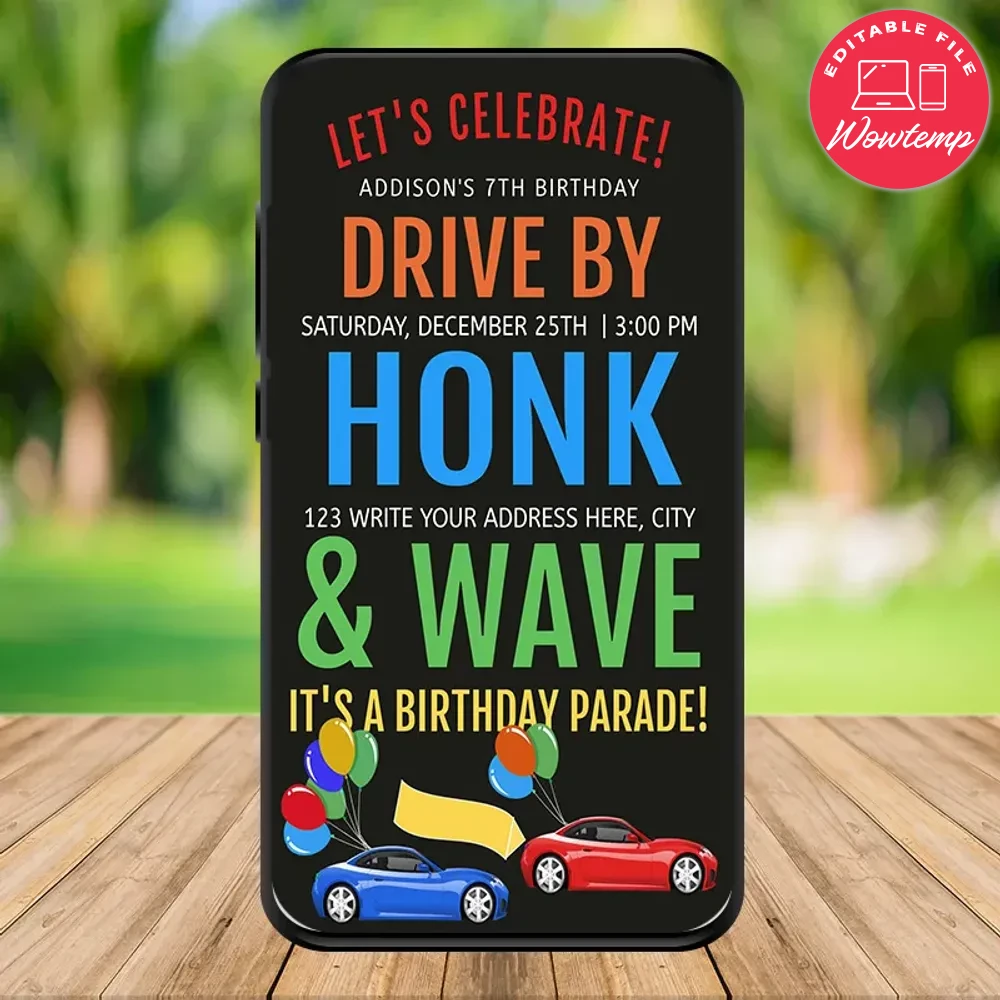 Electronic Drive By Birthday Parade Invitation Template DIY | Wowtemp
