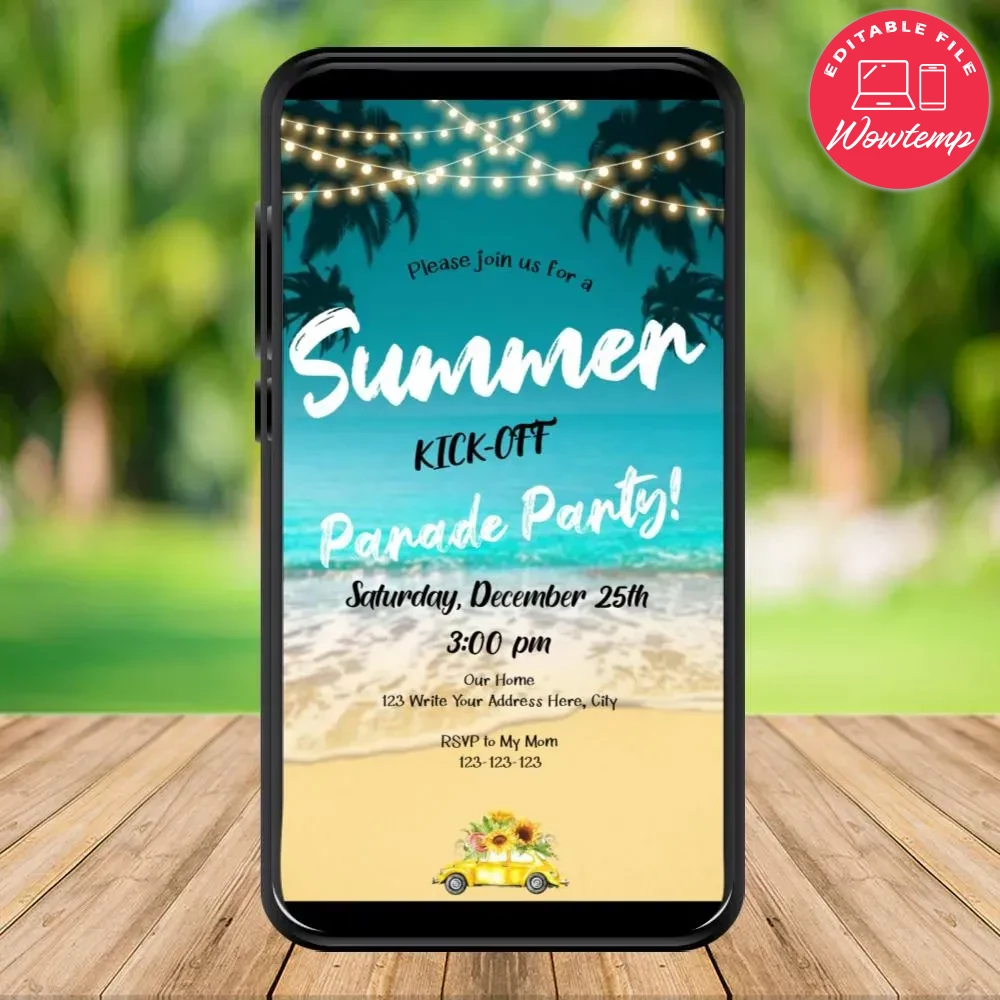 Mobile Summer Kick Off parade Party Electronic Invite Invitation DIY