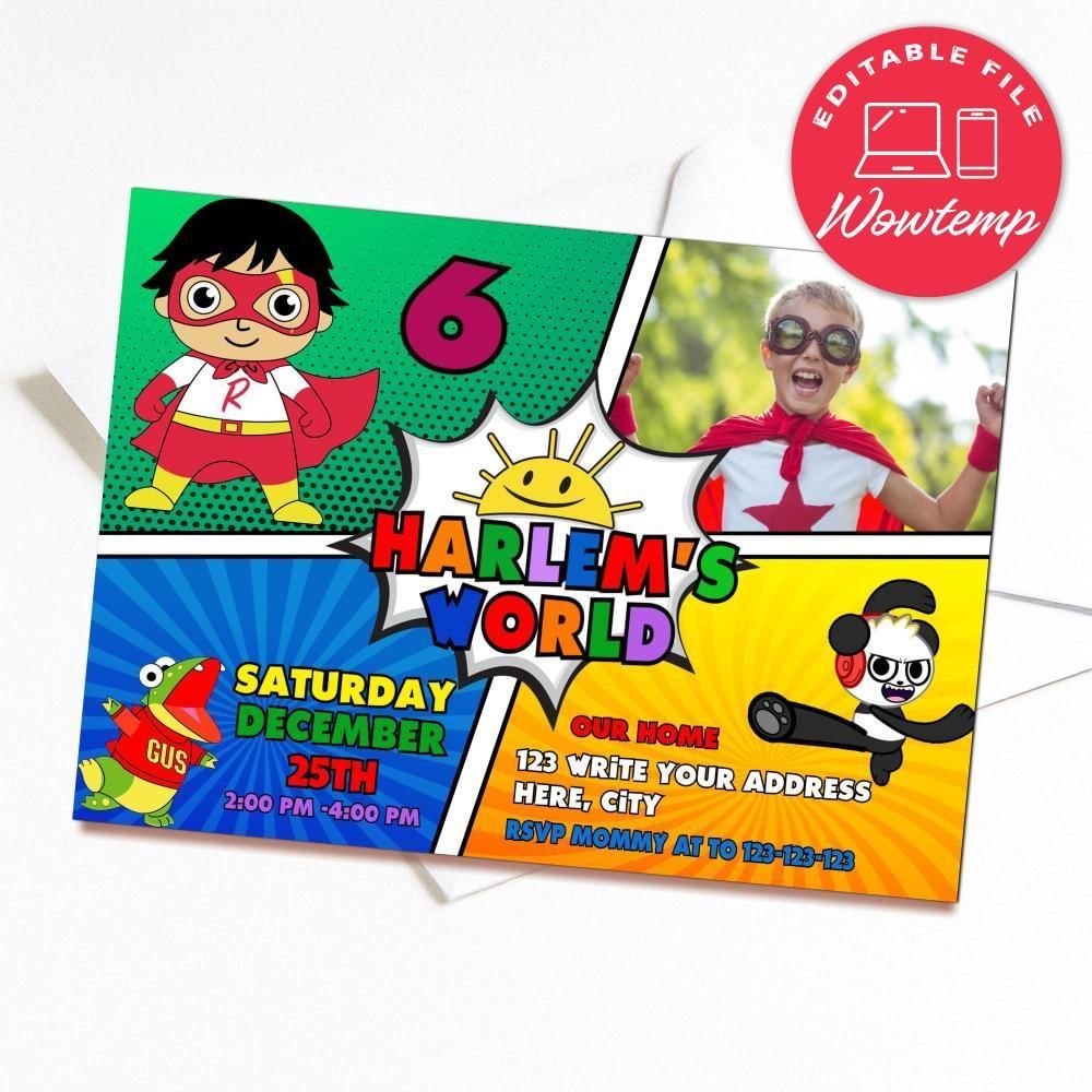 Printed - Editable Ryan's World With Photo Invitation and Free Thank You Card (envelopes included)