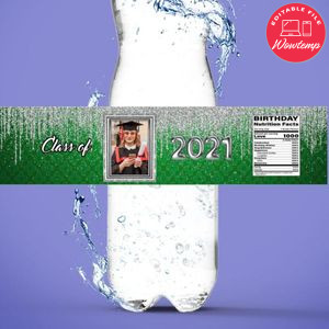 Silver Green High School Graduation Water Bottle Label Template to Print at Home Instant Download