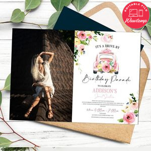 Girl Photo Drive by Parade Invitation Template to Print at Home Instant Download