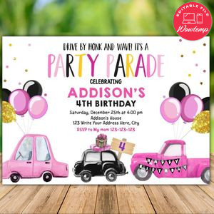 Printable Social Distancing Drive Through Pink Parade Invitation Instant Download