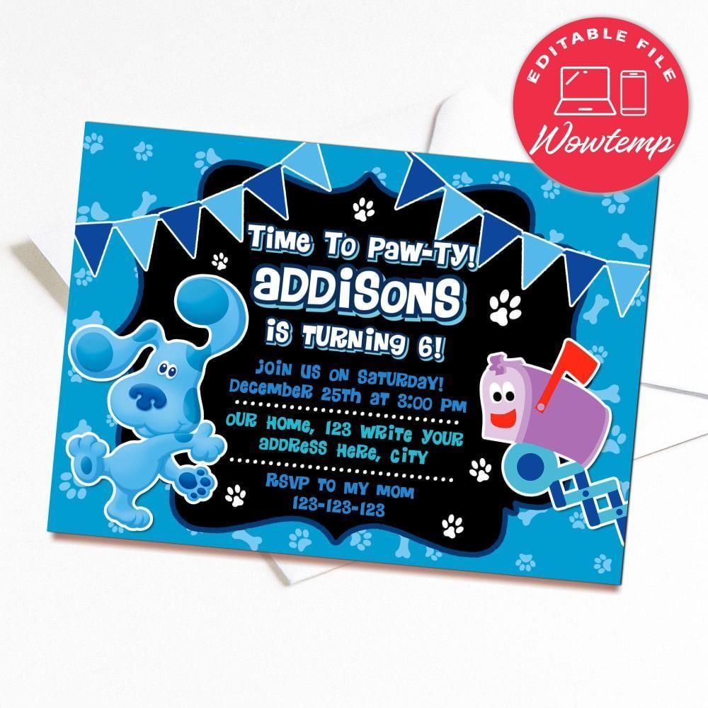 Printed - Editable Blues Clues Party Invitation and Free Thank You Card (envelopes included)