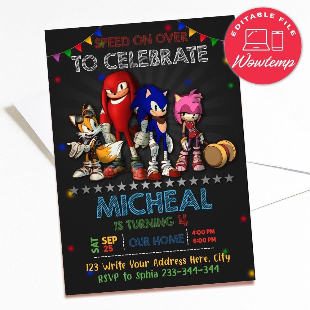 Printed - Sonic Party Birthday Invitation Editable Template (envelopes included)