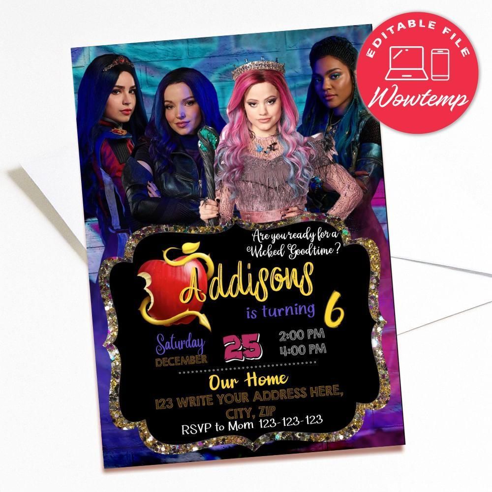 Printed - Editable Descendants 3 invitation and Free Thank You Card For Girl (envelopes included)