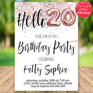 Editable Glitter Confetti 20th Birthday Invitation DIY