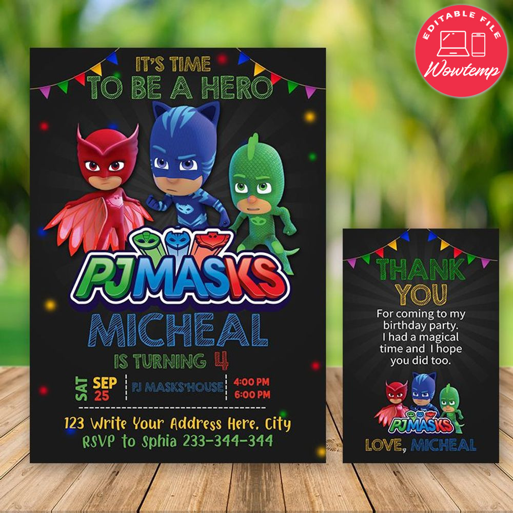 Printed - Pj Mask Party Invitation - Pj Mask Super hero Invitation (envelopes included)
