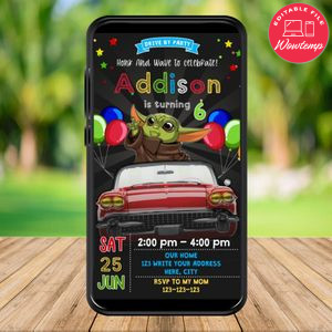 Mobile Baby Yoda Star Wars Drive By Birthday Parade Electronic Invite Invitation Template Instant Download