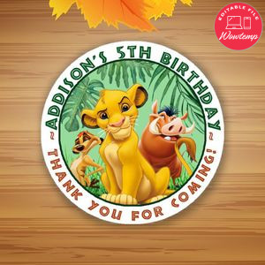 Custom Lion King Birthday Round Sticker Label digital template to print at home Instant Download