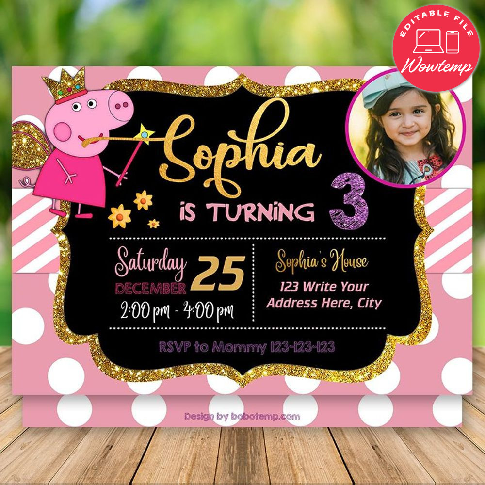 Printed - Editable Gold Peppa Pig With Photo Birthday Invitation (envelopes included)