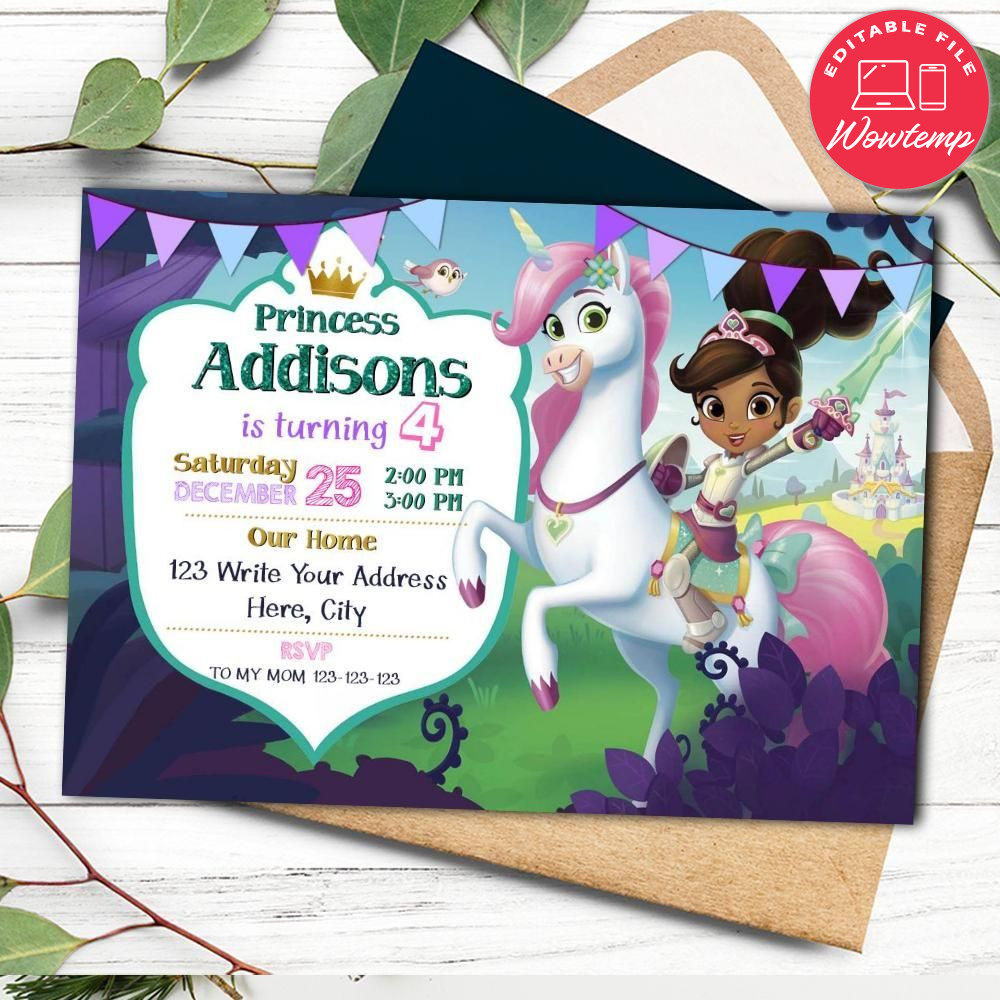 Printed - Editable Nella Princess Knight Party Invitation (envelopes included)