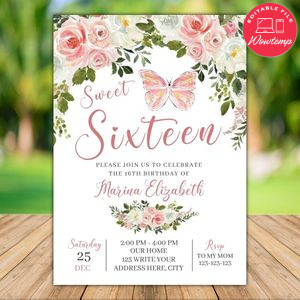 Printable Floral Pink Butterfly Sweet 16th Birthday Invitation Template Instant Download