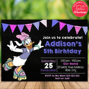 Printable Daisy Duck Roller Skating Birthday Party Invitation Instant Download