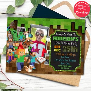 Minecraft Birthday Party Invitation With Photo Printable Instant Download
