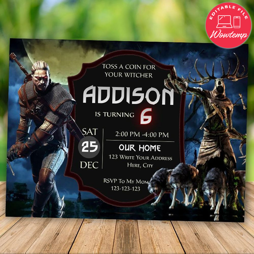 Printed - Editable The Witcher 3 Hild Hunt Birthday Invitation (envelopes included)