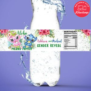 Stitch gender reveal Water Bottle Label Template to Print at Home Instant Download