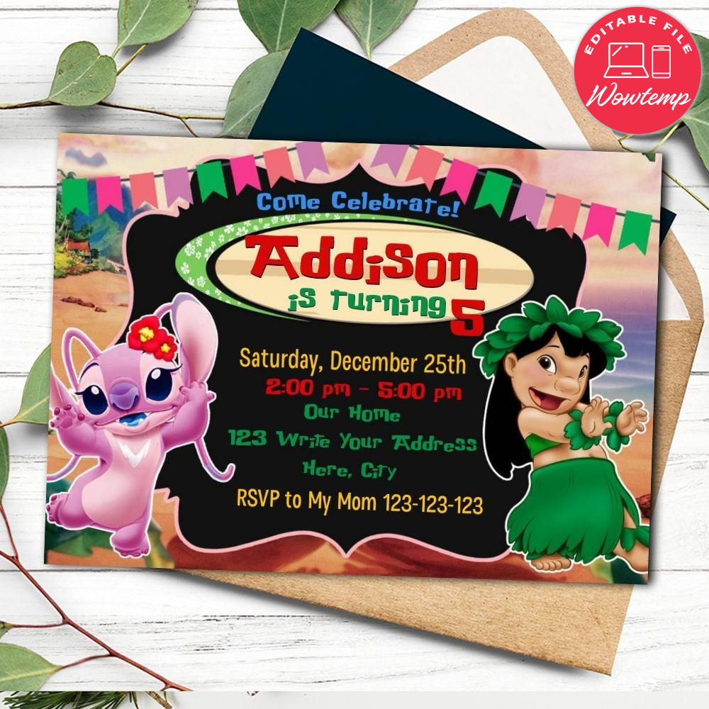 Printed - Angle & Lilo Invitation Template to Print at Home (envelopes included)