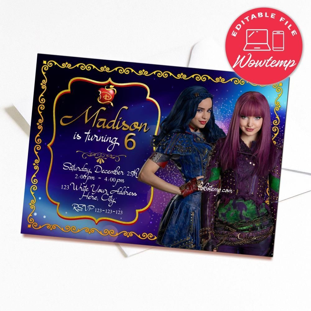 Printed - Editable Disney Descendants Mal Evie Party Invitation and Free Thank You Card Digital File (envelopes included)