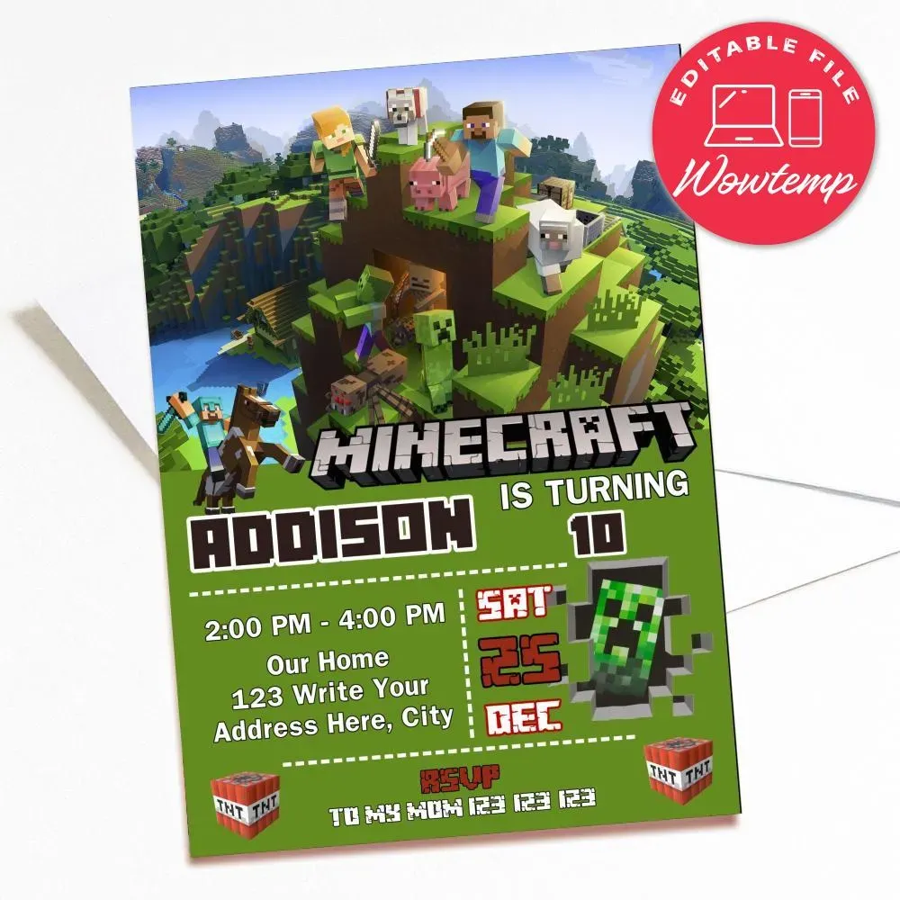 Minecraft Birthday Invitation Printable Instant Download | Wowtemp