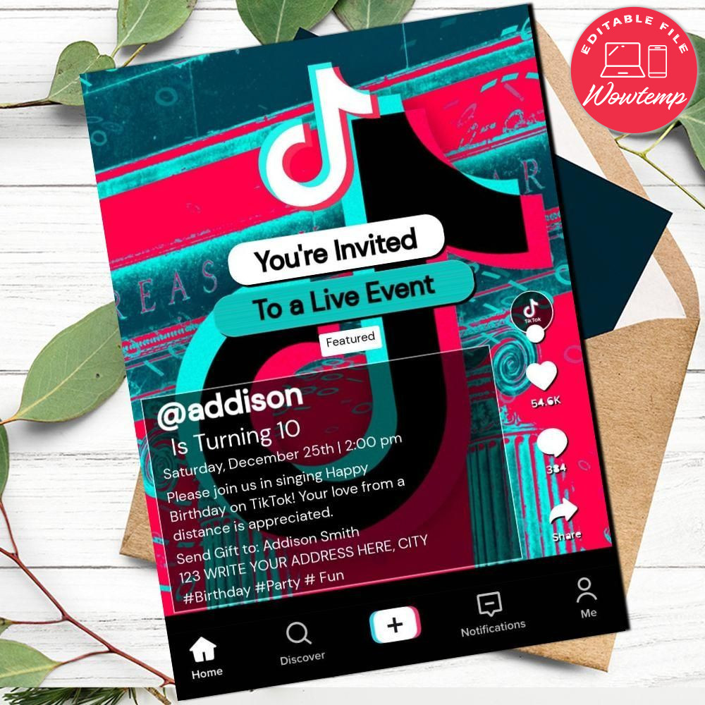 Personalized TikTok Teen Birthday Invitation to print at Home Instant Download