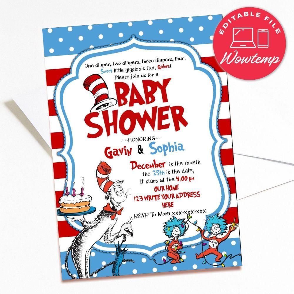 Printed - Editable Dr Seuss Baby Shower Invitation Digital File (envelopes included)