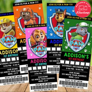 Editable Paw Patrol Birthday Ticket Invitations Instant Download