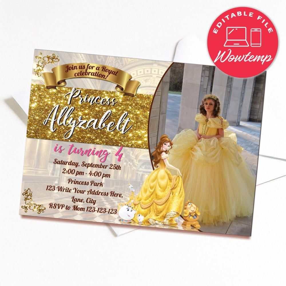 Printed - Disney Princess - Beauty and the Beast Invitation With Photo and Thank You Card Printable (envelopes included)