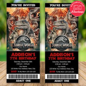 Editable Jurassic World Movie Birthday Ticket Invitation Instant Download