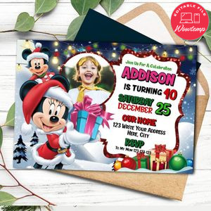 Minnie Mouse Christmas Birthday Flyer Template to print at home Instant Download