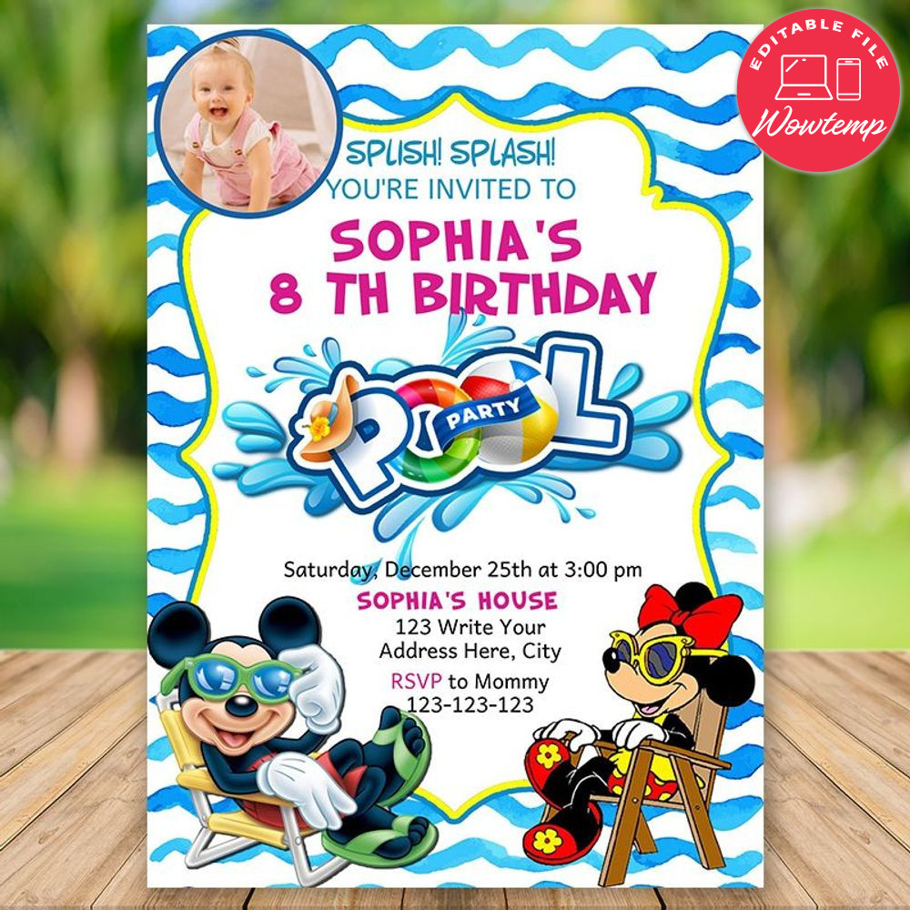 Editable Mickey and Minnie Mouse Pool Party Invitation With Photo Instant Download
