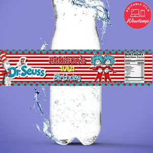 Dr. Suess Birthday Water Bottle Label Template to Print at Home Instant Download