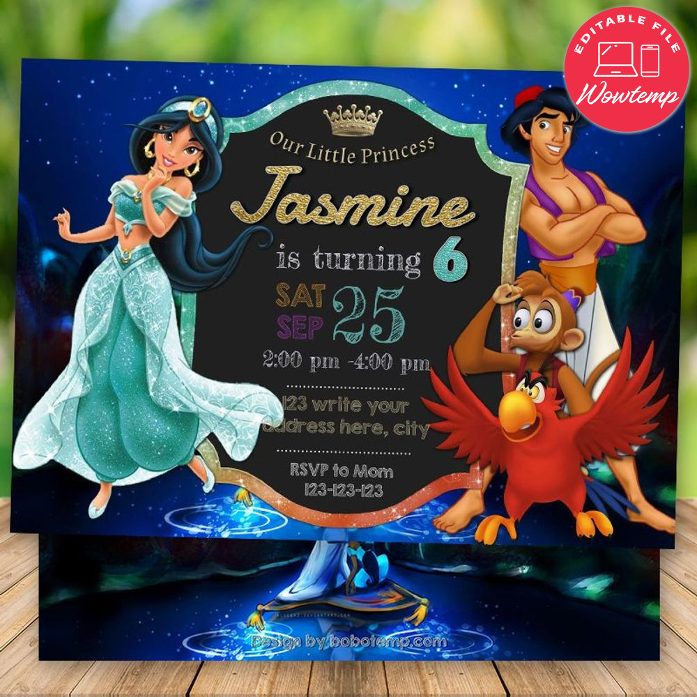 Printed - Editable Aladdin Princess Jasmine Birthday Party Invitation Digital File (envelopes included)