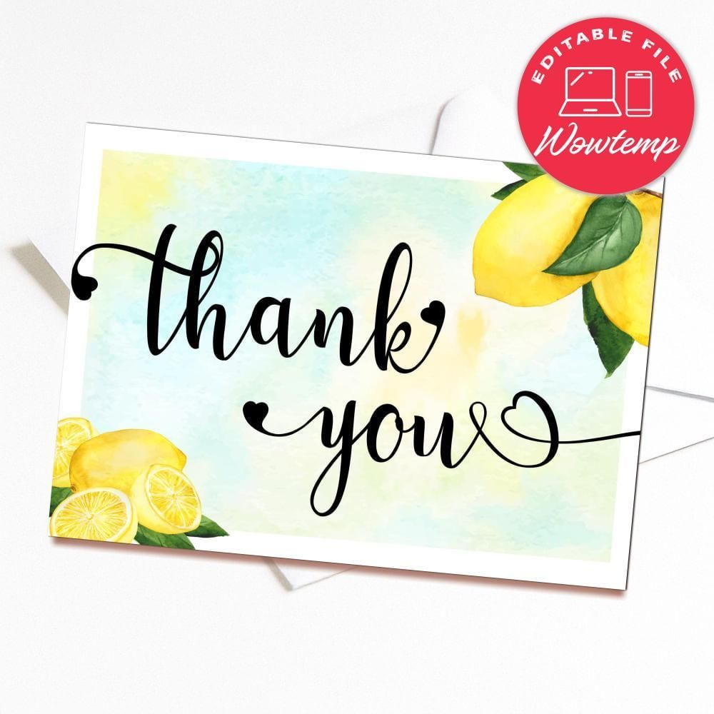 Printed - Lemon Citrus Watercolor Thank You Card Bridal Shower (envelopes included)