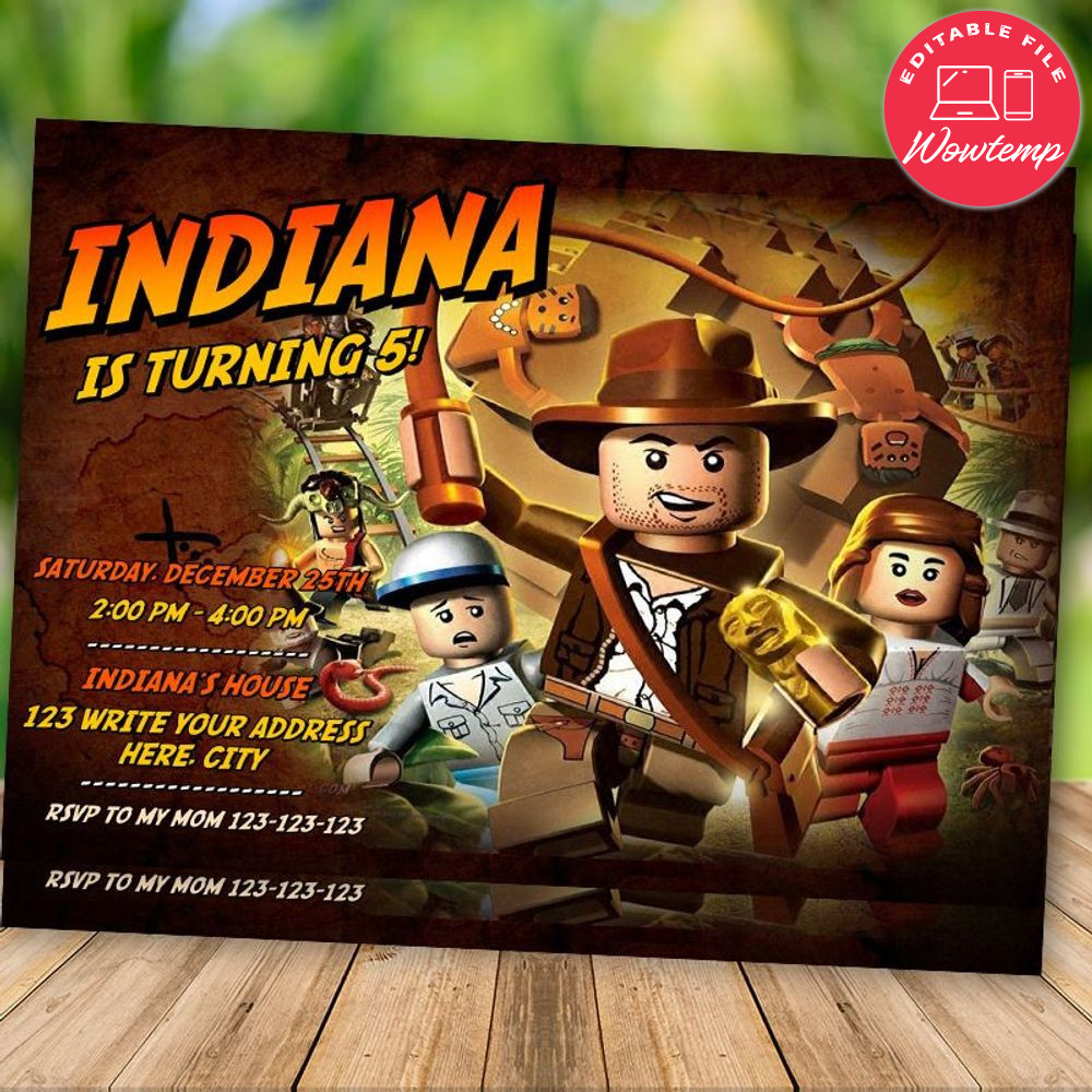 Printed - Editable Lego Indiana Jones Birthday Invitation (envelopes included)