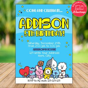 Printable BT21 Birthday Party Invitation Instant Download