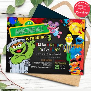 Oscar the grouch Invitation Template to print at home Instant Download