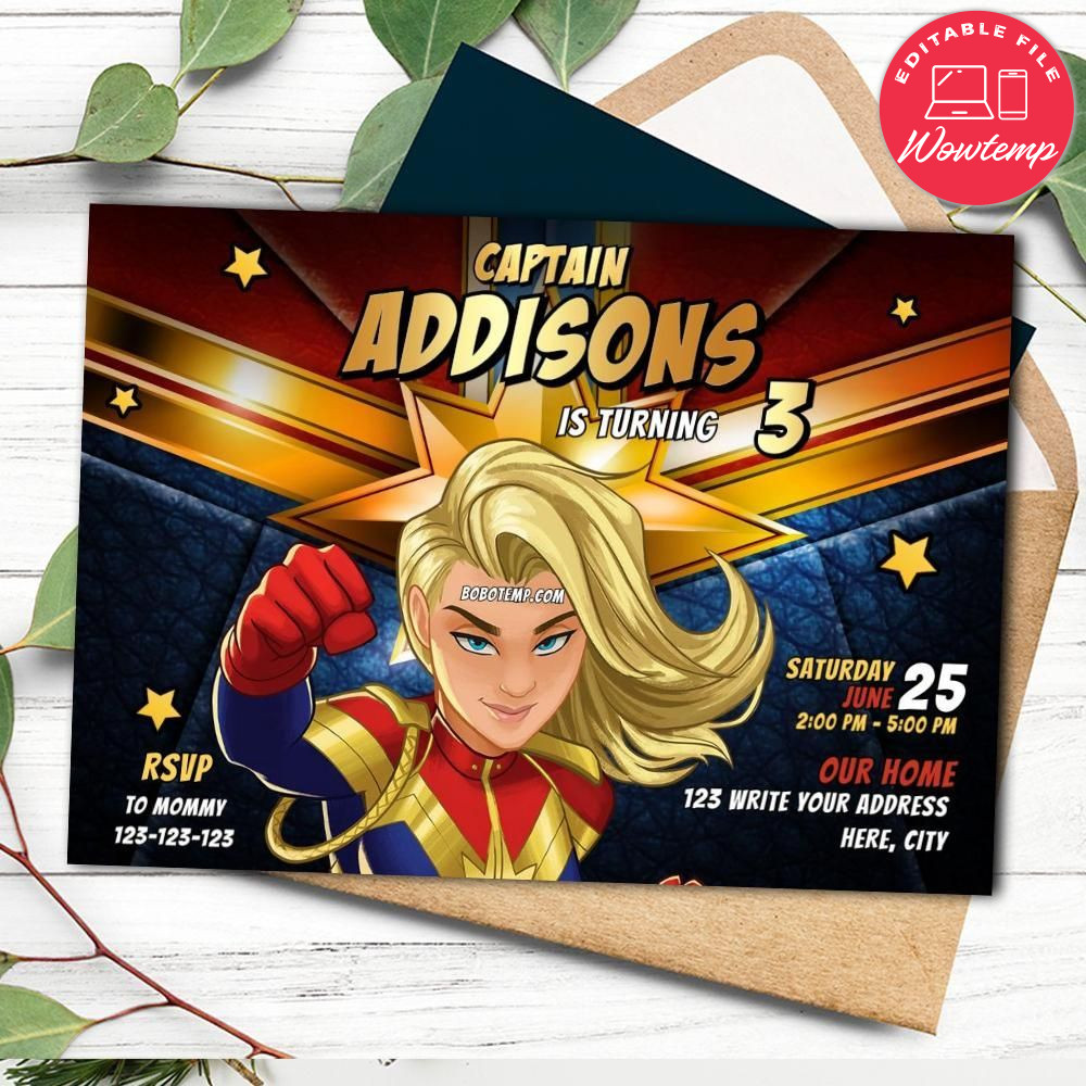 Printed - Editable Carol Danvers - Captain Marvel Birthday Invitation (envelopes included)