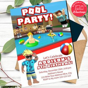 Roblox Pool Party Birthday Flyer for boy Printable Instant Download