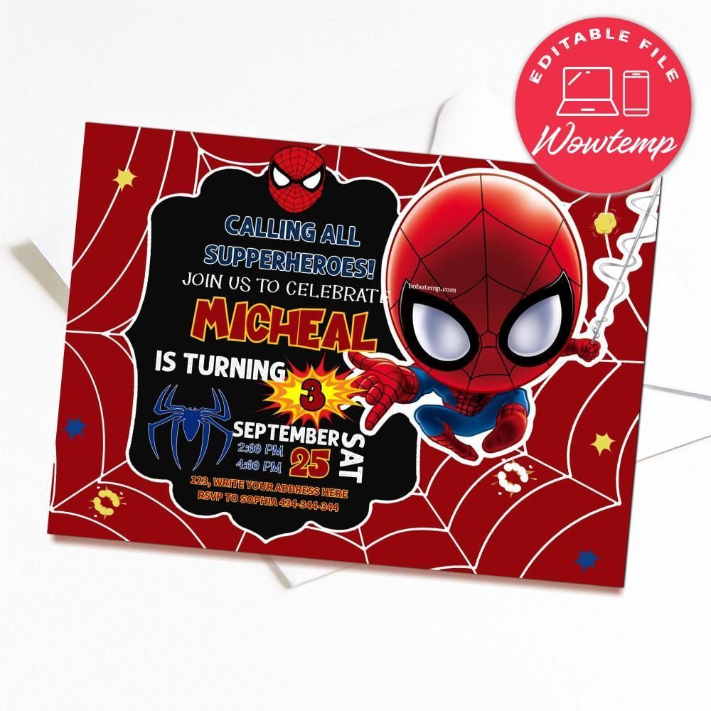 Printed - Amazing Party Spiderman Chibi Invitation and Free Thank You Card (envelopes included)