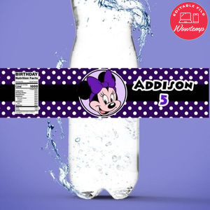 Minnie Mouse Purple Polka Dot Birthday Water Bottle Label Template to Print at Home Instant Download